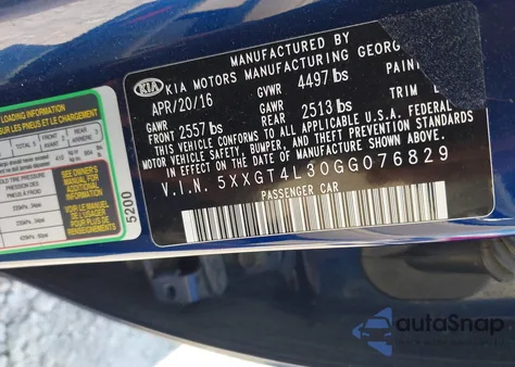 2016 Kia Optima Lx из США, поврежденный, VIN 5XXGT4L30GG076829